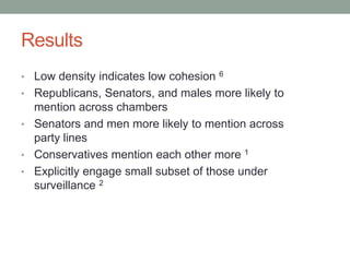 Results
• Low density indicates low cohesion   6

• Republicans, Senators, and males more likely to
  mention across chambers
• Senators and men more likely to mention across
  party lines
• Conservatives mention each other more 1
• Explicitly engage small subset of those under
  surveillance 2
 