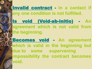 Invalid contract - In a contact if
any one condition is not fulfilled.
Is void (Void-ab-initio) - An
agreement which is not valid from
the beginning.
Becomes void - An agreement
which is valid in the beginning but
due to some supervening
impossibility the contract becomes
void.
 
