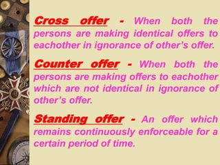 Cross offer - When both the
persons are making identical offers to
eachother in ignorance of other’s offer.
Counter offer - When both the
persons are making offers to eachother
which are not identical in ignorance of
other’s offer.
Standing offer - An offer which
remains continuously enforceable for a
certain period of time.
 