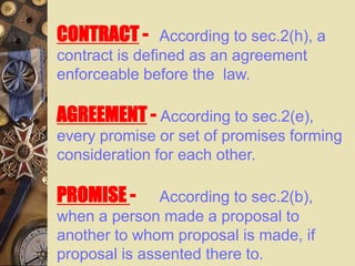 CONTRACT - According to sec.2(h), a
contract is defined as an agreement
enforceable before the law.
AGREEMENT - According to sec.2(e),
every promise or set of promises forming
consideration for each other.
PROMISE - According to sec.2(b),
when a person made a proposal to
another to whom proposal is made, if
proposal is assented there to.
 