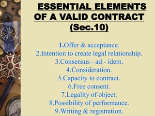 ESSENTIAL ELEMENTS
OF A VALID CONTRACT
(Sec.10)
1.Offer & acceptance.
2.Intention to create legal relationship.
3.Consensus - ad - idem.
4.Consideration.
5.Capacity to contract.
6.Free consent.
7.Legality of object.
8.Possibility of performance.
9.Writing & registration.
 