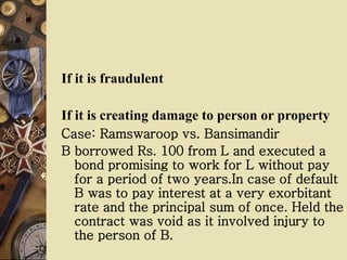 If it is fraudulent
If it is creating damage to person or property
Case: Ramswaroop vs. Bansimandir
B borrowed Rs. 100 from L and executed a
bond promising to work for L without pay
for a period of two years.In case of default
B was to pay interest at a very exorbitant
rate and the principal sum of once. Held the
contract was void as it involved injury to
the person of B.
 