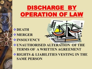 DISCHARGE BY
OPERATION OF LAW
DEATH
MERGER
INSOLVENCY
UNAUTHORISED ALTERATION OF THE
TERMS OF A WRITTEN AGREEMENT
RIGHTS & LIABILITIES VESTING IN THE
SAME PERSON
 