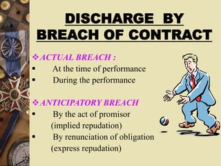 DISCHARGE BY
BREACH OF CONTRACT
ACTUAL BREACH :
 At the time of performance
 During the performance
ANTICIPATORY BREACH
 By the act of promisor
(implied repudation)
 By renunciation of obligation
(express repudation)
 