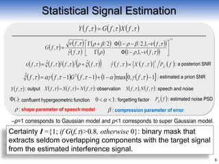Statistical Signal Estimation
6
Certainty I ={1; if G(f,t)>0.8, otherwise 0}: binary mask that
extracts seldom overlapping components with the target signal
from the estimated interference signal.
 