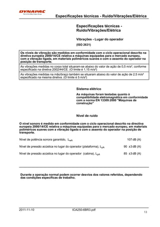 Especificações técnicas - Ruído/Vibrações/Elétrica
ICA250-6BR3.pdf2011-11-10
Especificações técnicas -
Ruído/Vibrações/Elétrica
Vibrações - Lugar do operador
(ISO 2631)
Os níveis de vibração são medidos em conformidade com o ciclo operacional descrito na
diretiva européia 2000/14/CE relativa a máquinas equipadas para o mercado europeu,
com a vibração ligada, em materiais poliméricos suaves e com o assento do operador na
posição de transporte.
Os níveis de vibração são medidos em conformidade com o ciclo operacional descrito na
diretiva européia 2000/14/CE relativa a máquinas equipadas para o mercado europeu,
com a vibração ligada, em materiais poliméricos suaves e com o assento do operador na
posição de transporte.
As vibrações medidas no corpo total situaram-se abaixo do valor de ação de 0,5 m/s², conforme
especificado na diretiva 2002/44/CE. (O limite é 1,15 m/s²)
As vibrações medidas no corpo total situaram-se abaixo do valor de ação de 0,5 m/s², conforme
especificado na diretiva 2002/44/CE. (O limite é 1,15 m/s²)
As vibrações medidas na mão/braço também se situaram abaixo do valor de ação de 2,5 m/s²
especificado na mesma diretiva. (O limite é 5 m/s²)
As vibrações medidas na mão/braço também se situaram abaixo do valor de ação de 2,5 m/s²
especificado na mesma diretiva. (O limite é 5 m/s²)
Sistema elétrico
As máquinas foram testadas quanto à
compatibilidade eletromagnética em conformidade
com a norma EN 13309:2000 "Máquinas de
construção"
Nível de ruído
O nível sonoro é medido em conformidade com o ciclo operacional descrito na directiva
europeia 2000/14/CE relativa a máquinas equipadas para o mercado europeu, em materiais
poliméricos suaves com a vibração ligada e com o assento do operador na posição de
transporte.
O nível sonoro é medido em conformidade com o ciclo operacional descrito na directiva
europeia 2000/14/CE relativa a máquinas equipadas para o mercado europeu, em materiais
poliméricos suaves com a vibração ligada e com o assento do operador na posição de
transporte.
Nível de potência sonora garantido, LwA 107 dB (A)Nível de potência sonora garantido, LwA 107 dB (A)
Nível de pressão acústica no lugar do operador (plataforma), LpA 90 ±3 dB (A)Nível de pressão acústica no lugar do operador (plataforma), LpA 90 ±3 dB (A)
Nível de pressão acústica no lugar do operador (cabina), LpA 85 ±3 dB (A)Nível de pressão acústica no lugar do operador (cabina), LpA 85 ±3 dB (A)
Durante a operação normal podem ocorrer desvios dos valores referidos, dependendo
das condições específicas de trabalho.
Durante a operação normal podem ocorrer desvios dos valores referidos, dependendo
das condições específicas de trabalho.
13
 