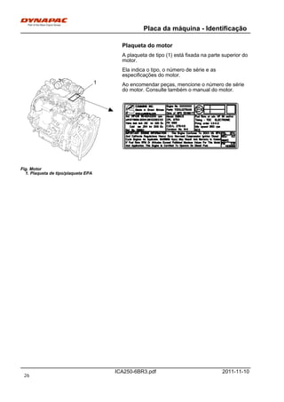 Placa da máquina - Identificação
ICA250-6BR3.pdf 2011-11-10
Plaqueta do motor
A plaqueta de tipo (1) está fixada na parte superior do
motor.
Ela indica o tipo, o número de série e as
especificações do motor.
1
Fig. Motor
1. Plaqueta de tipo/plaqueta EPA
Ao encomendar peças, mencione o número de série
do motor. Consulte também o manual do motor.
26
 