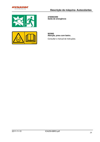 Descrição da máquina- Autocolantes
ICA250-6BR3.pdf2011-11-10
4700903590
Saída de emergência
903985
Atenção, pneu com lastro.
Consultar o manual de instruções.
29
 
