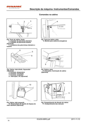 Descrição da máquina- Instrumentos/Comandos
ICA250-6BR3.pdf 2011-11-10
Comandos na cabina
Fig. Tecto da cabina, atrás
4. Martelo para saída de emergência
1
2 3 4
Fig. Tecto da cabine, frente
1. Limpador do pára-brisa dianteiro
2. Limpador do pára-brisa traseiro
(Opcional)
3. Lavadores dos pára-brisas dianteiro e
traseiro
5
6
7
8
9
Fig. Cabina, atrás
9. Interruptor, iluminação da cabina
(Opcional)
Fig. Cabina, lado direito. Aquecedor
(Opcional)
5. Controlo, temperatura
6. Controlo, circulação,
7. Controlo, ventoinha
8. Interruptor, AC (Opcional)
Fig. Cabina, lado esquerdo
10. Reservatório de líquido de limpeza do
vidro dianteiro (Opcional)
Fig. Compartimento de direção da cabine
11. Compartimento dos manuais
10
11
36
 