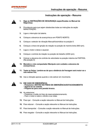 Instruções de operação - Resumo
ICA250-6BR3.pdf2011-11-10
Instruções de operação - Resumo
1. Siga as INSTRUÇÕES DE SEGURANÇA especificadas no Manual de
Segurança.
1. Siga as INSTRUÇÕES DE SEGURANÇA especificadas no Manual de
Segurança.
2. Providencie para que sejam obedecidas todas as instruções da seção
MANUTENÇÃO.
2. Providencie para que sejam obedecidas todas as instruções da seção
MANUTENÇÃO.
3. Ligue o interruptor da bateria.3. Ligue o interruptor da bateria.
4. Coloque a alavanca de avanço/recuo em PONTO MORTO.4. Coloque a alavanca de avanço/recuo em PONTO MORTO.
5. Coloque o selector de vibração Manual/Automática na posição 0.5. Coloque o selector de vibração Manual/Automática na posição 0.
6. Coloque a chave de ignição da rotação na posição de marcha lenta (900 rpm).6. Coloque a chave de ignição da rotação na posição de marcha lenta (900 rpm).
7. Ligue o motor e deixe-o aquecer.7. Ligue o motor e deixe-o aquecer.
8. Coloque o controle da rotação na posição de trabalho (2200 rpm).8. Coloque o controle da rotação na posição de trabalho (2200 rpm).
9. Colocar a alavanca de controle de velocidade na posição máxima de PARTIDA.
(Na posição 0)
9. Colocar a alavanca de controle de velocidade na posição máxima de PARTIDA.
(Na posição 0)
10. Manobre o rolo compactador Manipule com cuidado a alavanca de
avanço/recuo.
10. Manobre o rolo compactador Manipule com cuidado a alavanca de
avanço/recuo.
11. Teste os freios. Lembre-se de que a distância de frenagem será maior se o
rolo estiver frio.
11. Teste os freios. Lembre-se de que a distância de frenagem será maior se o
rolo estiver frio.
12. Use a vibração apenas quando o rolo estiver em movimento.12. Use a vibração apenas quando o rolo estiver em movimento.
13. EM CASO DE EMERGÊNCIA:
- Pressione o BOTÃO DO FREIO DE EMERGÊNCIA/ESTACIONAMENTO
- Agarre-se ao volante.
- Prepare-se para uma parada brusca.
13. EM CASO DE EMERGÊNCIA:
- Pressione o BOTÃO DO FREIO DE EMERGÊNCIA/ESTACIONAMENTO
- Agarre-se ao volante.
- Prepare-se para uma parada brusca.
14. Ao estacionar:
- Pressione o botão do freio de reserva/estacionamento.
- Pare o motor e calce o cilindro e as rodas.
14. Ao estacionar:
- Pressione o botão do freio de reserva/estacionamento.
- Pare o motor e calce o cilindro e as rodas.
15. Para içar: - Consulte a seção relevante no Manual de Instruções.15. Para içar: - Consulte a seção relevante no Manual de Instruções.
16. Para rebocar: - Consulte a seção relevante no Manual de Instruções.16. Para rebocar: - Consulte a seção relevante no Manual de Instruções.
17. Para transportar: - Consulte a seção relevante no Manual de Instruções.17. Para transportar: - Consulte a seção relevante no Manual de Instruções.
18. Para resgatar - Consulte a seção relevante no Manual de Instruções.18. Para resgatar - Consulte a seção relevante no Manual de Instruções.
63
 