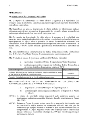 ICA 63-19/201122
3 DIRETRIZES
3.1 DETERMINAÇÃO DO EFEITO ADVERSO
3.1.1 O objetivo da determinação do efeito adverso à segurança e à regularidade das
operações aéreas é caracterizar a existência de prejuízo operacional decorrente de um objeto
projetado no espaço aéreo.
3.1.2 Dependendo do grau de interferência do objeto poderão ser identificadas medidas
mitigadoras necessárias à segurança e à regularidade das operações aéreas, apontando um
prejuízo operacional aceitável ou inaceitável, conforme o caso.
3.1.3 Por ocasião da determinação do efeito adverso à segurança e à regularidade das
operações aéreas, os Órgãos Regionais deverão analisar a possibilidade de interferência de um
objeto projetado no espaço aéreo na prestação do serviço de controle de aeródromo, nas
características físicas dos aeródromos militares e nas superfícies limitadoras de obstáculos. Da
mesma forma, o CGNA deverá analisar a possibilidade de interferência na capacidade de
pista.
3.1.4 Uma vez identificada a interferência e sua medida mitigadora associada, com base nos
itens de 3.1.5 a 3.1.7, o Órgão Regional deverá caracterizar o prejuízo operacional.
3.1.5 Prestação do serviço de controle de aeródromo (TWR atual e planejada):
a) responsável pela análise: Divisão de Operações do Órgão Regional; e
b) parâmetros para análise: impacto na visibilidade da área de manobras e
do circuito de tráfego do aeródromo a partir da TWR.
Medidas Mitigadoras Prejuízo Operacional
Exemplo: Modificação das distâncias declaradas, impraticabilidade de pistas
de táxi, alteração do setor do circuito de tráfego.
Aceitável
Exemplo: Degradação do tipo de serviço de tráfego aéreo prestado. Inaceitável
3.1.6 CARACTERÍSTICAS FÍSICAS DE AERÓDROMO MILITAR (PISTAS DE
POUSO/DECOLAGEM E TÁXI ATUAIS E PLANEJADAS)
a) responsável: Divisão de Operações do Órgão Regional; e
b) parâmetros para análise: aqueles estabelecidos no Capítulo 3 do Anexo
14 à CACI.
NOTA 1: A critério da autoridade militar responsável pelo aeródromo poderão ser
estabelecidos parâmetros para análise diferentes daqueles estabelecidos no Anexo
14 à CACI.
NOTA 2: Embora os Órgãos Regionais tenham competência para avaliar interferências com
as características físicas somente de aeródromos militares, toda vez que for
identificado que o objeto encontra-se na faixa de pista de um aeródromo civil ou
compartilhado, os Órgãos Regionais deverão citar no parecer técnico a necessidade
de que o interessado encaminhe a solicitação à ANAC para emissão de parecer por
parte daquela Agência.
 