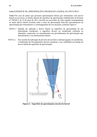 ICA 63-19/201136
3.4.6 SUPERFÍCIE DE APROXIMAÇÃO COM DESVIO LATERAL OU EM CURVA
3.4.6.1 No caso de pistas que possuam aproximações diretas por instrumento com desvio
lateral ou em curva, os limites laterais da superfície de aproximação estabelecidos na Portaria
nº 256/GC5, de 13 de maio de 2011, deverão ser acrescidos do valor angular correspondente
ao maior desvio lateral existente entre o rumo de aproximação final dos procedimentos de
aproximação por instrumentos e o prolongamento do eixo da pista, conforme figura 6.
NOTA 1: Quando for aplicado o desvio lateral na superfície de aproximação de um
determinado aeródromo, a superfície deverá ser modificada conforme as
alterações, suspensões ou cancelamentos nos procedimentos de aproximação que
determinaram o seu deslocamento lateral.
NOTA 2: Por ocasião da realização de pré-sites de auxílios à radionavegação em aeródromo,
o Elaborador de Procedimentos deverá considerar a sua viabilidade em função do
desvio lateral da superfície de aproximação.
Figura 6 – Superfície de aproximação com desvio lateral
 