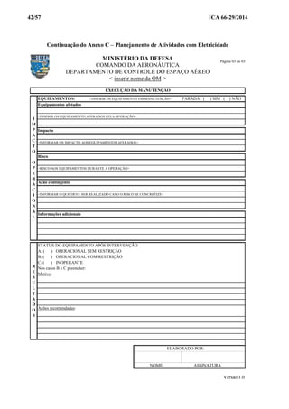 42/57 ICA 66-29/2014
Continuação do Anexo C – Planejamento de Atividades com Eletricidade
MINISTÉRIO DA DEFESA
COMANDO DA AERONÁUTICA
DEPARTAMENTO DE CONTROLE DO ESPAÇO AÉREO
< inserir nome da OM >
EQUIPAMENTOS: <INSERIR OS EQUIPAMENTO EM MANUTENÇÃO> PARADA: ( ) SIM ( ) NÃO
Equipamentos afetados
<INSERIR OS EQUIPAMENTO AFERADOS PELA OPERAÇÃO>
Impacto
<INFORMAR OS IMPACTO AOS EQUIPAMENTOS AFERADOS>
Risco
<RISCO AOS EQUIPAMENTOS DURANTE A OPERAÇÃO>
Ação contingente
<INFORMAR O QUE DEVE SER REALIZADO CASO O RISCO SE CONCRETIZE>
Informações adicionais
STATUS DO EQUIPAMENTO APÓS INTERVENÇÃO
A. ( ) OPERACIONAL SEM RESTRIÇÃO
B. ( ) OPERACIONAL COM RESTRIÇÃO
C. ( ) INOPERANTE
Nos casos B e C preencher:
ELABORADO POR:
NOME ASSINATURA
EXECUÇÃO DA MANUTENÇÃO
I
M
P
A
C
T
O
O
P
E
R
A
C
I
O
N
A
L
R
E
S
U
L
T
A
D
O
S
Motivo:
Ações recomendadas:
Versão 1.0
Página 03 de 03
 