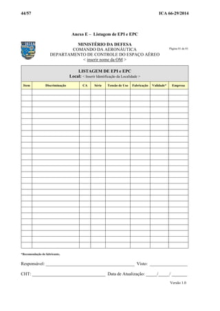 44/57 ICA 66-29/2014
Anexo E – Listagem de EPI e EPC
MINISTÉRIO DA DEFESA
COMANDO DA AERONÁUTICA
DEPARTAMENTO DE CONTROLE DO ESPAÇO AÉREO
< inserir nome da OM >
LISTAGEM DE EPI e EPC
Local: < Inserir Identificação da Localidade >
Item Discriminação CA Série Tensão de Uso Fabricação Validade* Empresa
*Recomendação do fabricante.
Responsável: ________________________________________ Visto: _________________
CHT: _________________________________ Data de Atualização: _____/_____/ _______
Versão 1.0
Página 01 de 01
 