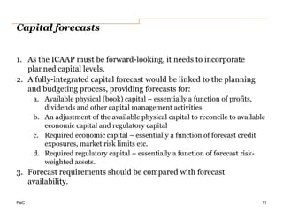 PwC
Capital forecasts
1. As the ICAAP must be forward-looking, it needs to incorporate
planned capital levels.
2. A fully-integrated capital forecast would be linked to the planning
and budgeting process, providing forecasts for:
a. Available physical (book) capital – essentially a function of profits,
dividends and other capital management activities
b. An adjustment of the available physical capital to reconcile to available
economic capital and regulatory capital
c. Required economic capital – essentially a function of forecast credit
exposures, market risk limits etc.
d. Required regulatory capital – essentially a function of forecast risk-
weighted assets.
3. Forecast requirements should be compared with forecast
availability.
11
 