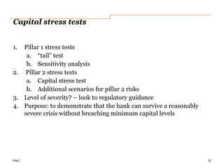 PwC
Capital stress tests
1. Pillar 1 stress tests
a. “tail” test
b. Sensitivity analysis
2. Pillar 2 stress tests
a. Capital stress test
b. Additional scenarios for pillar 2 risks
3. Level of severity? – look to regulatory guidance
4. Purpose: to demonstrate that the bank can survive a reasonably
severe crisis without breaching minimum capital levels
12
 