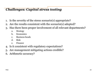 PwC
Challenges: Capital stress testing
1. Is the severity of the stress scenario(s) appropriate?
2. Are the results consistent with the scenario(s) adopted?
3. Has there been proper involvement of all relevant departments?
a. Strategy
b. Economics
c. Business heads
d. Risk
e. Finance
4. Is it consistent with regulatory expectations?
5. Are management mitigating actions credible?
6. Arithmetic accuracy?
23
 