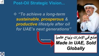 Post-Oil Strategic Vision...
 “To achieve a long-term
sustainable, prosperous &
productive lifestyle after oil
for UAE’s next generations”
Requirements
1. Quality Education (QAOQ)
2. Research & Business Development
3. Innovation, Incubation &
Entrepreneurship
4. Robust, Secured, high-Speed,
Seamless & Reliable ICT Infrastructure
‫ع‬ ‫باع‬ُ‫ي‬‫و‬ ‫اإلمارات‬ ‫في‬ ‫نع‬ُ‫ص‬
‫الميا‬
Made in UAE, Sold
Globally
 