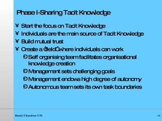 Phase I-Sharing Tacit Knowledge Start the focus on Tacit Knowledge Individuals are the main source of Tacit Knowledge Build mutual trust Create a “field” where individuals can work Self organising team facilitates organisational knowledge creation  Management sets challenging goals  Management endows high degree of autonomy Autonomous team sets its own task boundaries 