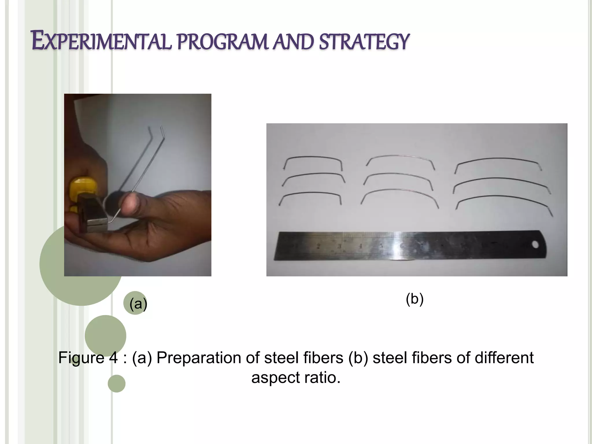 Figure 4 : (a) Preparation of steel fibers (b) steel fibers of different
aspect ratio.
(a) (b)
EXPERIMENTAL PROGRAM AND STRATEGY
 