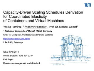 Capacity-Driven Scaling Schedules Derivation
for Coordinated Elasticity
of Containers and Virtual Machines
Yesika Ramirez1,2, Vladimir Podolskiy1, Prof. Dr. Michael Gerndt1
1 Technical University of Munich (TUM), Germany
Chair for Computer Architecture and Parallel Systems
http://www.caps.in.tum.de/en
2 SAP AG, Germany
IEEE ICAC 2019
Umeå, Sweden, June 19th 2019
Full Paper
Resource management and cloud – 2
 