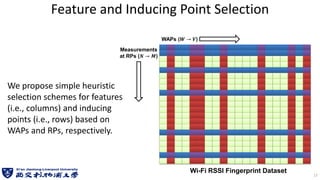 Feature and Inducing Point Selection
We propose simple heuristic
selection schemes for features
(i.e., columns) and inducing
points (i.e., rows) based on
WAPs and RPs, respectively.
17
Wi-Fi RSSI Fingerprint Dataset
Measurements
at RPs (𝑵 → 𝑴)
WAPs (𝑾 → 𝑽)
 