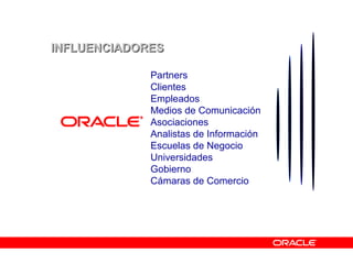 INFLUENCIADORESINFLUENCIADORES
Partners
Clientes
Empleados
Medios de Comunicación
Asociaciones
Analistas de Información
Escuelas de Negocio
Universidades
Gobierno
Cámaras de Comercio
 