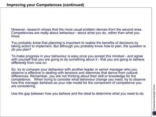 Improving your Competences (continued)




  However, research shows that the more usual problem derives from the second area.
  Competencies are really about behaviour - about what you do, rather than what you
  know.
  You probably know that planning is important to realise the benefits of decisions by
  taking action to implement. But although you probably know how to plan, the question is
  do you plan?
  To make progress in your behaviour is easy once you accept this mindset - and agree
  with yourself that you are going to do something about it - that you are going to behave
  differently from now on.
  So, try to compare your behaviour with another leader or senior manager who you
  observe is effective in dealing with tensions and dilemmas that derive from cultural
  differences. Remember, you are not thinking about their skill or knowledge for the
  competence. When trying to consider what behaviour change you need, try to observe
  how this manager behaves as your role model for the component of competence you
  are considering.

  Use the gap between how you behave and the ideal to determine what you need to do.
 
