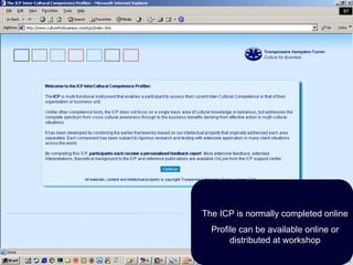 The ICP is normally completed online
  Profile can be available online or
       distributed at workshop
 