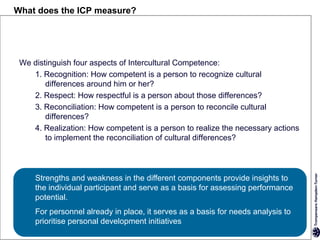 What does the ICP measure?




 We distinguish four aspects of Intercultural Competence:
    1. Recognition: How competent is a person to recognize cultural
        differences around him or her?
    2. Respect: How respectful is a person about those differences?
    3. Reconciliation: How competent is a person to reconcile cultural
        differences?
    4. Realization: How competent is a person to realize the necessary actions
        to implement the reconciliation of cultural differences?




     Strengths and weakness in the different components provide insights to
     the individual participant and serve as a basis for assessing performance
     potential.
     For personnel already in place, it serves as a basis for needs analysis to
     prioritise personal development initiatives
 