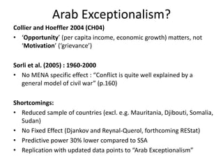 Arab Exceptionalism?
Collier and Hoeffler 2004 (CH04)
• ‘Opportunity’ (per capita income, economic growth) matters, not
‘Motivation’ (‘grievance’)
Sorli et al. (2005) : 1960-2000
• No MENA specific effect : “Conflict is quite well explained by a
general model of civil war” (p.160)
Shortcomings:
• Reduced sample of countries (excl. e.g. Mauritania, Djibouti, Somalia,
Sudan)
• No Fixed Effect (Djankov and Reynal-Querol, forthcoming REStat)
• Predictive power 30% lower compared to SSA
• Replication with updated data points to “Arab Exceptionalism”
 