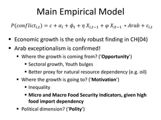 Main Empirical Model
𝑃(𝑐𝑜𝑛𝑓𝑙𝑖𝑐𝑡𝑖,𝑡) = 𝑐 + 𝛼𝑖 + 𝜙 𝑡 + 𝜂 𝑋𝑖,𝑡−1 + 𝜑 𝑋𝑖𝑡−1 ∗ 𝐴𝑟𝑎𝑏 + 𝜀𝑖,𝑡
 Economic growth is the only robust finding in CH(04)
 Arab exceptionalism is confirmed!
 Where the growth is coming from? (‘Opportunity’)
 Sectoral growth, Youth bulges
 Better proxy for natural resource dependency (e.g. oil)
 Where the growth is going to? (‘Motivation’)
 Inequality
 Micro and Macro Food Security Indicators, given high
food import dependency
 Political dimension? (‘Polity’)
 