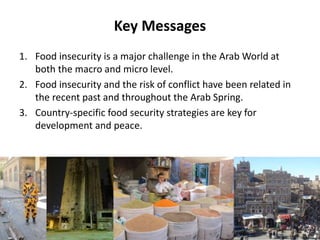 Key Messages
1. Food insecurity is a major challenge in the Arab World at
both the macro and micro level.
2. Food insecurity and the risk of conflict have been related in
the recent past and throughout the Arab Spring.
3. Country-specific food security strategies are key for
development and peace.
 