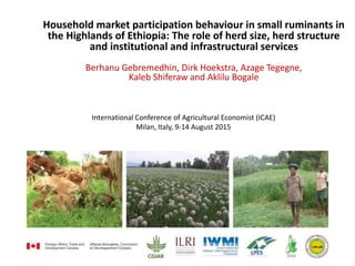 Household market participation behaviour in small ruminants in
the Highlands of Ethiopia: The role of herd size, herd structure
and institutional and infrastructural services
Berhanu Gebremedhin, Dirk Hoekstra, Azage Tegegne,
Kaleb Shiferaw and Aklilu Bogale
International Conference of Agricultural Economist (ICAE)
Milan, Italy, 9-14 August 2015
 