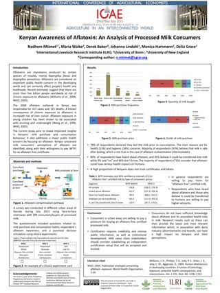 Introduction
Aflatoxins are mycotoxins produced by certain
species of moulds, mainly Aspergillus flavus and
Aspergillus parasiticus. Aflatoxins are considered an
important public health concern in the developing
world and can seriously affect people’s health and
livelihoods. Recent estimates suggest that there are
more than five billion people worldwide at risk of
chronic exposure to aflatoxins (Williams et al., 2004;
WHO, 2005).
The 2004 aflatoxin outbreak in Kenya was
responsible for 317 cases and 125 deaths. A known
consequence of chronic exposure to aflatoxins is
increased risk of liver cancer. Aflatoxin exposure in
young children has been shown to be associated
with stunting and underweight (Wang et al., 1996;
WHO, 2005).
The current study aims to reveal important insights
in Kenyans´ milk purchase and consumption
behaviour. It also addresses a major public health
concern by focusing on aflatoxin. Kenyan processed
milk consumers’ perceptions of aflatoxin are
identified, along with their willingness to pay (WTP)
for an aflatoxin-free certificate.
Materials and methods
Figure 1. Aflatoxin contamination pathway
A survey was conducted in different urban areas of
Nairobi during July 2013 using face-to-face
interviews with 299 consumers/buyers of processed
milk.
The questionnaire included questions related to:
milk purchase and consumption habits; respondent´s
aflatoxin awareness; and a purchase decision
simulation using choice experiments.
Card 1: Please indicate the most preferred cow milk and the least
preferred cow milk (Tick only one case in each line)
Figure 2. An example of a choice experiment card
Results
• 79% of respondents declared they boil the milk prior to consumption. The main reasons are for
health (53%) and hygienic (34%) concerns. Majority of respondents (93%) believe that milk is safe
after boiling, which is not true in the case of aflatoxin contamination (thermostable).
• 80% of respondents have heard about aflatoxin, and 45% believe it could be transferred into milk
while 9% said “no” and 46% don’t know. The majority of respondents (71%) consider that aflatoxin
could have serious health impacts on humans.
• A high proportion of Kenyans does not trust certificates and labels.
Table 1. WTP estimates and 95% confidence intervals (CI) for
“aflatoxin free” certified milk by type of consumers’ group
Conclusions
• Consumers in urban areas are willing to pay a
premium for buying an aflatoxin-free certified
processed milk.
• Certification requires credibility and intense
public information, as well as institutional
development. Milk value chain stakeholders
should consider establishing an independent
certification setup that will be accepted and
trusted.
• Consumers do not have sufficient knowledge
about aflatoxin and its associated health risks
in milk. Research results such as these can
then provide the latest and most relevant
information which, in association with dairy
industry advertisements and brands, can have
a high impact on Kenyans and their
perceptions.
Literature cited
WHO. 2005. Publication strategies preventing
aflatoxin exposure. World Health Organization,
1-26.
Williams, J. H., Phillips, T. D., Jolly, P. E., Stiles, J. K.,
Jolly, C. M., Aggarwal, D., 2004. Human aflatoxicosis
in developing countries: A review of toxicology,
exposure, potential health consequences, and
interventions. Am. J. Clin. Nutr. 80, 1106–1122.
.
Nadhem Mtimet1*, Maria Walke2, Derek Baker3, Johanna Lindahl1, Monica Hartmann2, Delia Grace1
1International Livestock Research Institute (ILRI); 2University of Bonn ; 3University of New England
*Corresponding author: n.mtimet@cgiar.org
Kenyan Awareness of Aflatoxin: An Analysis of Processed Milk Consumers
Acknowledgements
This article is part of the FoodAfrica
Programme, financed as research
collaboration between the MFA of
Finland, MTT Agrifood Research
Finland, the CGIAR research
programs on: Agriculture for
Nutrition and Health and on Policies
Institutions Markets led by the
International Food Policy Research
Institute, and the GIZ.
Milk 1 Milk 2 Milk 3
Pasteurized Pasteurized UHT
Whole Skimmed Low Fat
Aflatoxin-free certified Non-certified Aflatoxin-free certified
Tetra pack Plastic container Pouch
90 KSH/Litre 130 KSH/Litre 110 KSH/Litre
Corn/feed
purchased
Treatment
Corn/feed
produced
at farm
AB1
AB1
AB1-> AM1
Milk produced at farm
ConsumersFarmer
AB1
AM1
14%
55%
20%
7%
4%
0%
10%
20%
30%
40%
50%
60%
More than
once a day
Once a day Once/week<
<once/day
Once a
week
Less than
once a week
1% 57% 20% 12% 10%
0% 20% 40% 60% 80% 100%
0.3 litre
0.5 litre
1.0 litre
2.0 litres and more
I don´t remember
Figure 4. Quantity of milk bought
Figure 3. Milk purchase frequency
20% 43% 11% 10% 16%
0% 20% 40% 60% 80% 100%
80 KSH/litre
90 KSH/litre
100 KSH/litre
Other
Don´t remember
Figure 5. Milk purchase price
65% 77% 6%
Shop
Super-
/Hypermarket
Milk bar
Kiosk
Hawker
Figure 6. Outlet of milk purchase
Segment WTP (KSH/l) 95% CI
All sample 136.8 [108.7; 176.3]
Heard about aflatoxin 161.7 [121.4; 226.4]
Have not heard about aflatoxin 99.0 [68.0; 154.1]
Aflatoxin can be transferred 165.2 [111.0; 259.2]
It can’t be transferred /don’t know 129.7 [95.7; 179.3]
• In general respondents are
willing to pay more for
“aflatoxin free” certified milk.
• Respondents who have heard
about aflatoxin and those who
believe it could be transferred
to humans are willing to pay
higher amounts.
This document is licensed for use under a
Creative Commons Attribution – Non
commercial-Share Alike 3.0 Unported License
August 2015
 