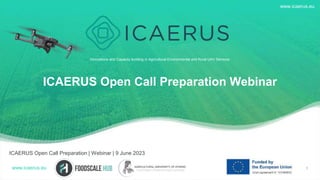 Innovations and Capacity building in Agricultural Environmental and Rural UAV Services
www.icaerus.eu
ICAERUS Open Call Preparation Webinar
ICAERUS Open Call Preparation | Webinar | 9 June 2023
1
www.icaerus.eu
 