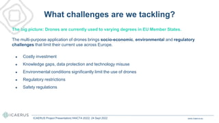 The big picture: Drones are currently used to varying degrees in EU Member States.
The multi-purpose application of drones brings socio-economic, environmental and regulatory
challenges that limit their current use across Europe.
● Costly investment
● Knowledge gaps, data protection and technology misuse
● Environmental conditions significantly limit the use of drones
● Regulatory restrictions
● Safety regulations
What challenges are we tackling?
www.icaerus.eu
ICAERUS Project Presentation| HAICTA 2022| 24 Sept 2022
 