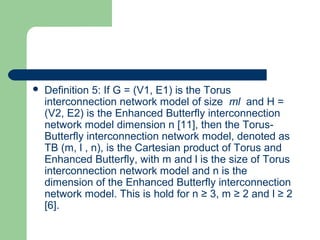  Definition 5: If G = (V1, E1) is the Torus
interconnection network model of size ml and H =
(V2, E2) is the Enhanced Butterfly interconnection
network model dimension n [11], then the Torus-
Butterfly interconnection network model, denoted as
TB (m, l , n), is the Cartesian product of Torus and
Enhanced Butterfly, with m and l is the size of Torus
interconnection network model and n is the
dimension of the Enhanced Butterfly interconnection
network model. This is hold for n ≥ 3, m ≥ 2 and l ≥ 2
[6].
 