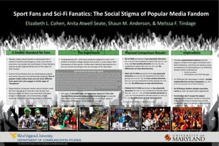 Sport Fans and Sci-Fi Fanatics: The Social Stigma of Popular Media Fandom
Elizabeth L. Cohen, Anita Atwell Seate, Shaun M. Anderson, & Melissa F. Tindage
• Popular media culture fandom is associated with a
variety of positive psychological, social, and cultural
outcomes, but people who participate in these fandoms
may be socially stigmatized because of the object of
their fandom
• Science fiction/fantasy fans are stereotyped as geeky
and overly obsessed, but behaviorally speaking, fans of
popular media culture share are not much different
from sports fans who engage in similar types of
“fanaticism”
• Stigmatization of popular media culture fandom could
be more damaging to male fans than female fans
because males are likely to be associated with geek
images in the media, and schematically people
associate science fiction/fantasy fandom with males
A Double Standard for Fans
• SCI-FI FANS perceived as less physically attractive
(M= 3.78, SD=0.86) compared to sport fans (M=4.27, SD=
0.76), and less socially attractive (M=4.40, SD=.93)
compared to sports fans (M=5.04, SD=1.02). No
differences on task attractiveness.
• MALE SCI-FI FANS perceived to be less physically
attractive (M=3.58, SD=.89) compared to the other
groups (M=4.18, SD=.78), and less socially attractive
(M=4.32, SD=0.94) compared to other groups (M= 4.87,
SD=1.02). No differences on task attractiveness.
• FEMALE SCI-FI FANS perceived as less physically
attractive (M=3.96, SE=.10), compared to female sport
fans (M = 4.42, SE = .10), and less socially attractive (M
=4.47, SD=.09) compared to female sports fans (M=5.19,
SE =12), No differences on task attractiveness
*All reported mean differences significant at p < .001
.
Planned Comparison Results*
• Undergraduates (N = 275) were randomly assigned to read 1 of 4
profiles of another college student and answer a survey about their
impressions of that person. Profiles were identical descriptions of a
fan, but varied according to the sex and type of fan described
• We used a 2 (Fandom Type: Sci-fi/Fantasy; Sports) X 2 (Fan Sex:
Female; Male) between-subjects experimental design to examine
the influence of fandom type and fan sex on the three types of
interpersonal attraction: social, physical, and task
Experimental Fan Description Vignette
[Abby/Allen] is 20 years old and attends a large, state university in eastern United States. This year, [she/he] is taking
courses in psychology, history, biology, math, and English. [She/He] is of average height and average weight. [She/He]
has brown eyes and short dark hair. [Her/His] favorite color is red. In [her/his] spare time, [she/he] enjoys playing with
her Labrador Retriever puppy, listening to music, and watching television. [Abby/Allen] is a huge fan of [science and
fantasy fiction stories/sports competitions]. [She/He] is enthusiastically devoted to watching and reading media about
almost anything involving [science and fantasy fiction/sports]. To express [her/his] support for [her/his] favorite
[stories/teams], [Abby/Allen] likes to buy souvenirs and other fan paraphernalia to decorate [her/his] house. [She/He]
has even been known to wear reproductions of [her/his] favorite [characters’/players’] uniforms just for fun. [She/He]
also enjoys doing things with other fans. [She/He] loves to participate in fantasy [role-playing/sports] games, and
discuss [science and fantasy fiction/sports] in online discussion groups. This year, [she/he] has saved up enough
money to attend a [science and fantasy fiction/sports] fan convention.
The Experiment Implications
• Provides experimental evidence that fan
stigma is linked to the object of fandom (not
fanish behavior), and there are adverse social
consequences to participating in sci-fi/fantasy
fandom which could lead to:
• Social ostracism
• Participation and STEM field gaps
• Sci-fi/fantasy fan stereotype is mixed: socially
undesirable but not less competent (e.g., fine
to fix my computer but not friend material)
• Sci-fi/fantasy fandom violates masculine
norms so men are particularly stigmatized
• Female fans don’t escape the stigma
entirely; sports fandom rooted in masculine
norms is perceived as being more socially
acceptable, even if a woman is participating
For More Information Email: elizabeth.cohen@mail.wvu.edu
 