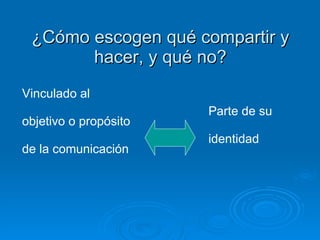 ¿Cómo escogen qué compartir y hacer, y qué no? Vinculado al objetivo o propósito de la comunicación Parte de su identidad 