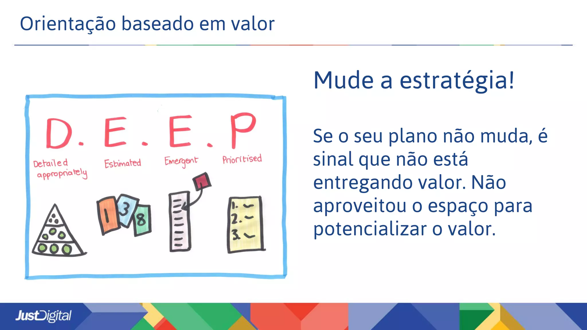 Orientação baseado em valor
Mude a estratégia!
Se o seu plano não muda, é
sinal que não está
entregando valor. Não
aproveitou o espaço para
potencializar o valor.
 