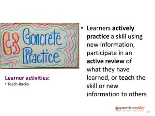 • Learners actively
practice a skill using
new information,
participate in an
active review of
what they have
learned, or ...