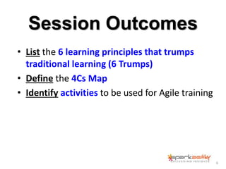 Session Outcomes
• List the 6 learning principles that trumps
traditional learning (6 Trumps)
• Define the 4Cs Map
• Ident...