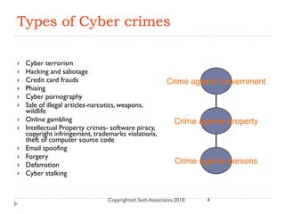 Types of Cyber crimes
 Cyber terrorism
 Hacking and sabotage
 Credit card frauds
 Phising
 Cyber pornography
 Sale of illegal articles-narcotics, weapons,
wildlife
 Online gambling
 Intellectual Property crimes- software piracy,
copyright infringement, trademarks violations,
theft of computer source code
 Email spoofing
 Forgery
 Defamation
 Cyber stalking
Crime against persons
Crime against Government
Crime against property
4Copyrighted,Seth Associates,2010
 