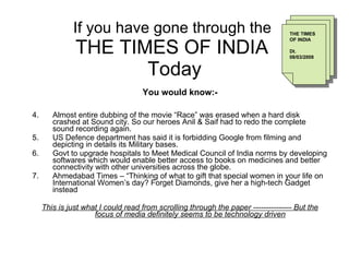 If you have gone through the  THE TIMES OF INDIA  Today ,[object Object],[object Object],[object Object],[object Object],[object Object],[object Object],THE TIMES OF INDIA Dt. 08/03/2008 