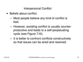 Interpersonal Conflict Beliefs about conflict. Most people believe any kind of conflict is bad. However, avoiding conflict is usually counter-productive and leads to a self-perpetuating cycle (see Figure 7.10). It is better to confront conflicts constructively so that issues can be aired and resolved. 