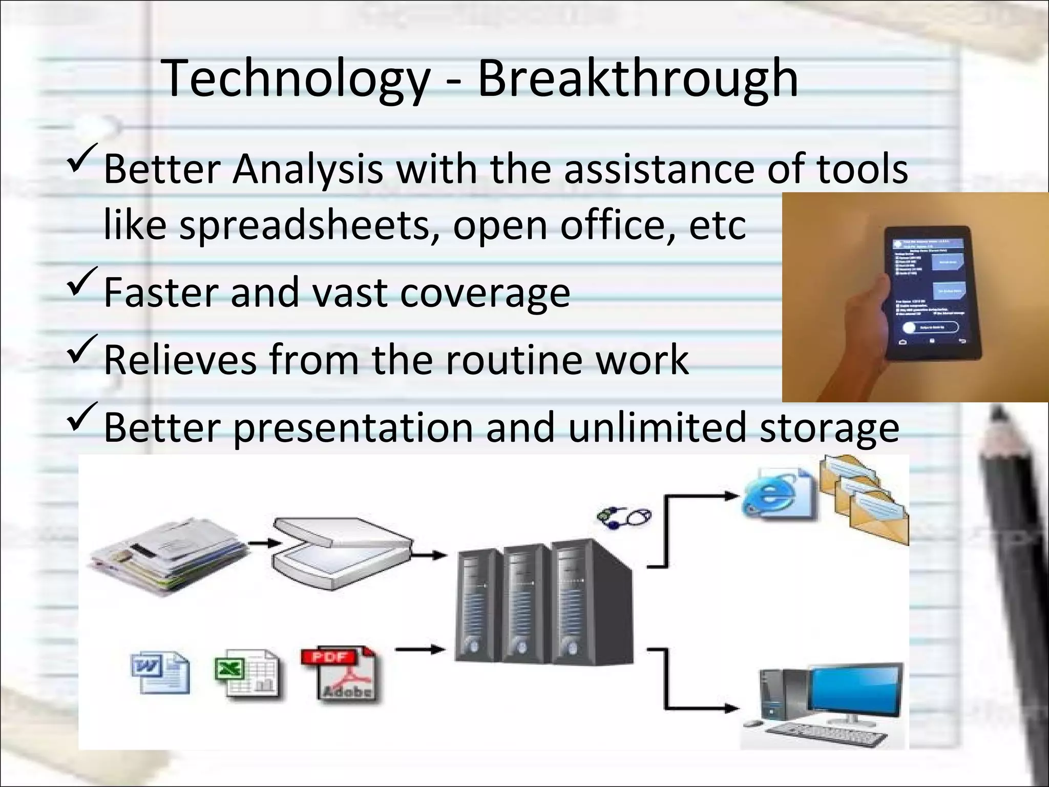Technology - Breakthrough
Better Analysis with the assistance of tools
like spreadsheets, open office, etc
Faster and vast coverage
Relieves from the routine work
Better presentation and unlimited storage
 