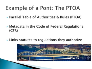 Parallel Table of Authorities & Rules (PTOA)<br />Metadata in the Code of Federal Regulations (CFR)<br />Links statutes to...