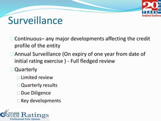 Surveillance
Continuous– any major developments affecting the credit
profile of the entity
Annual Surveillance (On expiry of one year from date of
initial rating exercise ) - Full fledged review
Quarterly
Limited review
Quarterly results
Due Diligence
Key developments
 