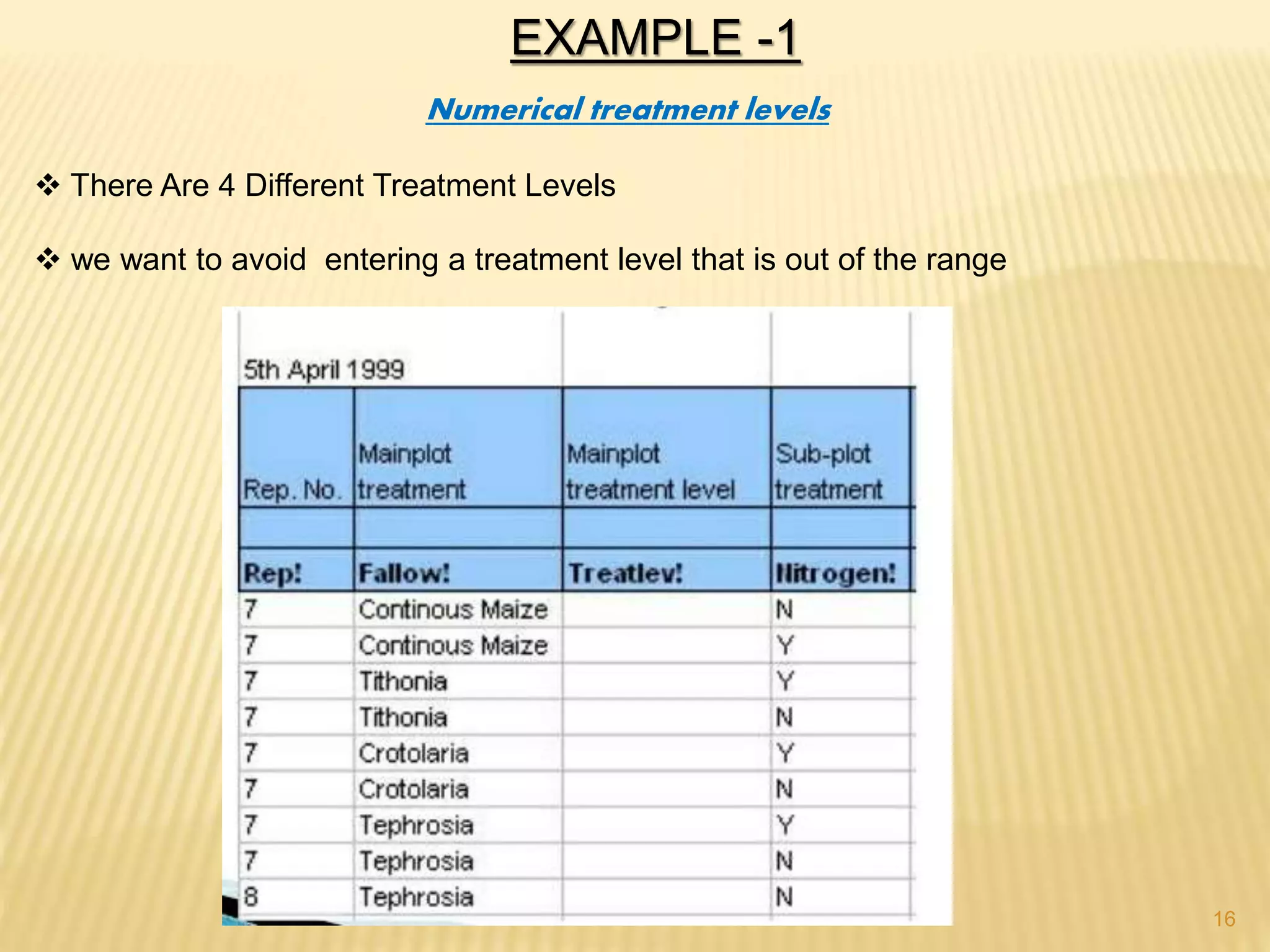 EXAMPLE -1
Numerical treatment levels
 There Are 4 Different Treatment Levels
 we want to avoid entering a treatment level that is out of the range
16
 